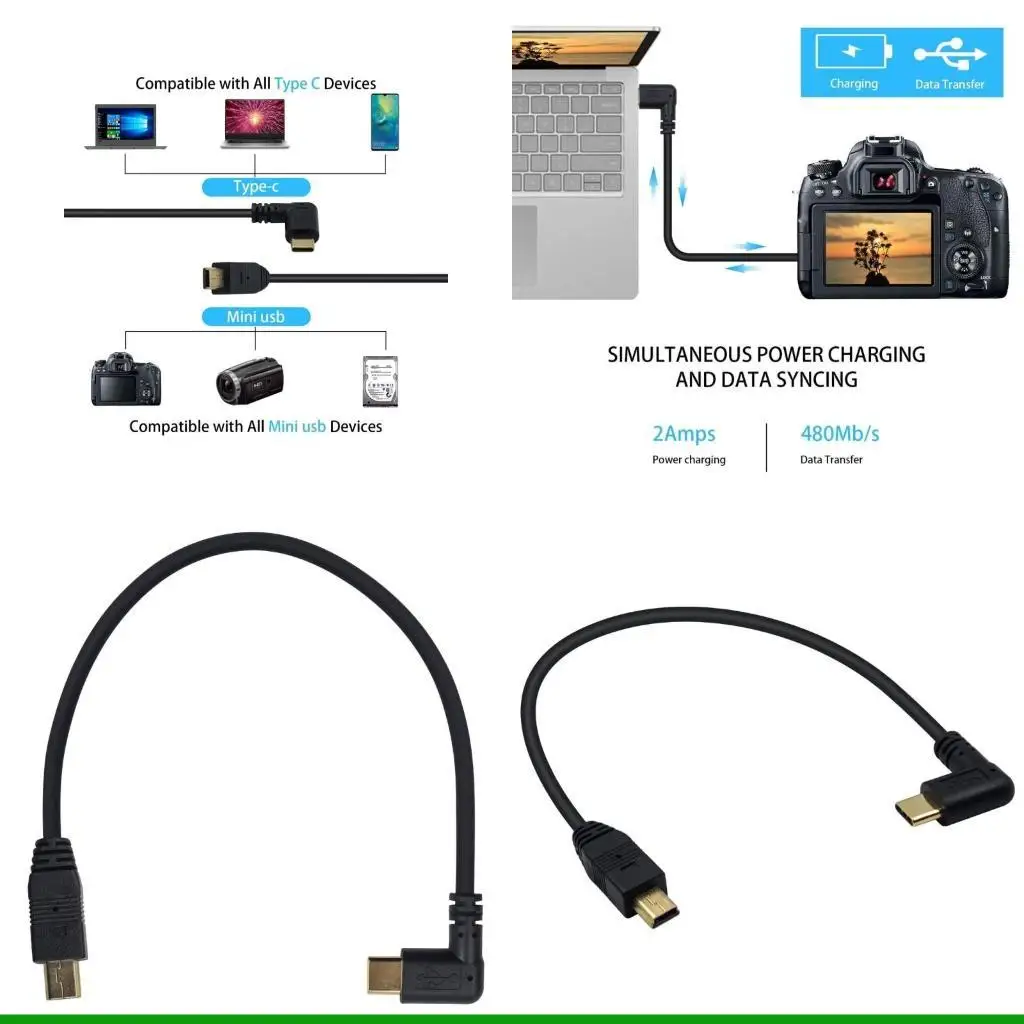 U55C Mini USB to Type C Adapter Cable 90 Degree USB 3.1 Type C to MiniUSB Converter Effortlessly and Transfer Data