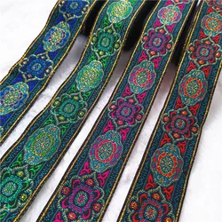 33mm 7yard/lot Hot High Quality Embroidered Jacquard Ribbon Black Background Red Pink Blue Green  Flora Belt Garment Accessories