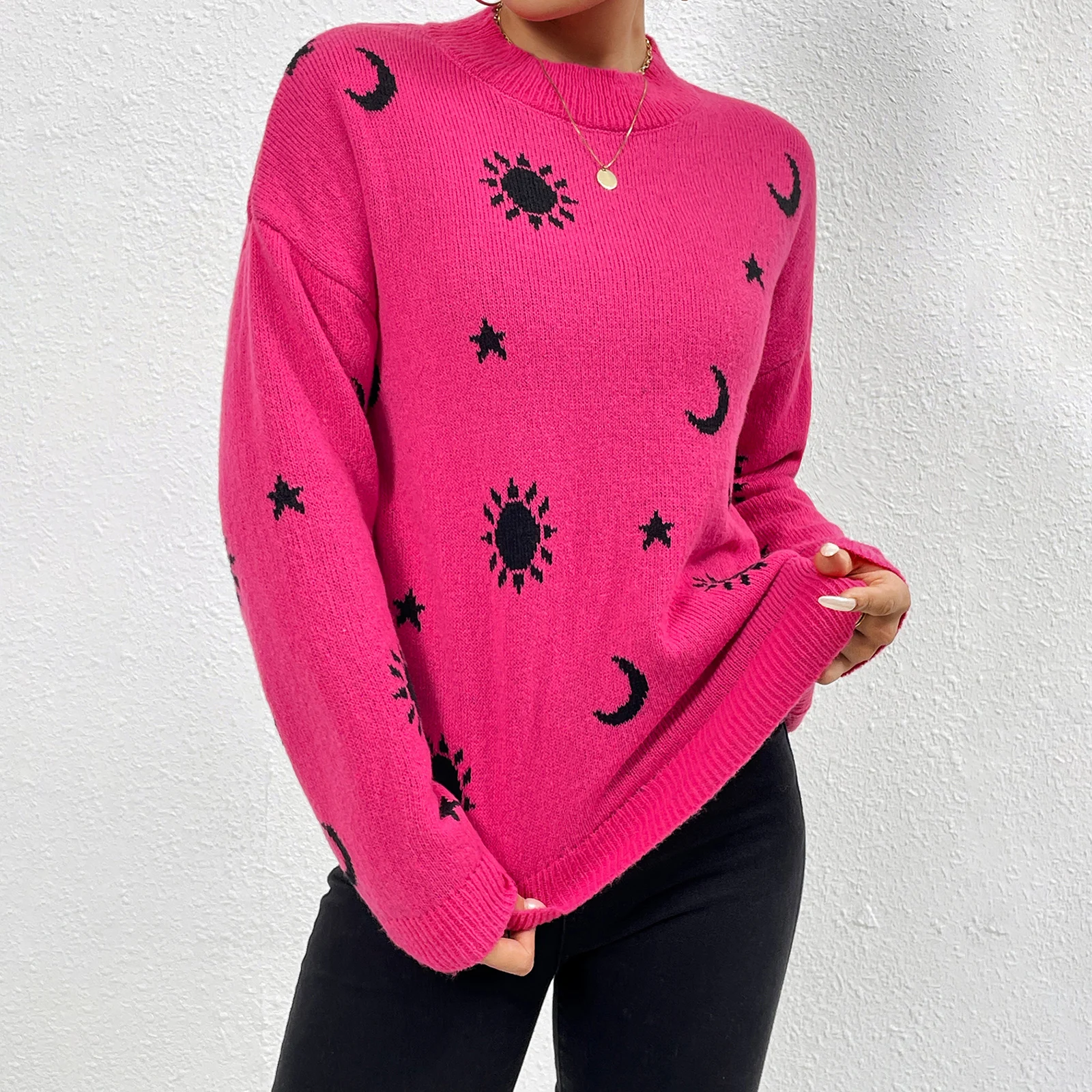 เสื้อถักไหมพรมพื้นฐานสำหรับฤดูใบไม้ร่วง สไตล์สตรีทแวร์ ผู้หญิง น่ารัก สวมใส่สบาย เสื้อสเวตเตอร์ลำลอง ลายแจ็คการ์ดพระอาทิตย์และพระจันทร์ เสื้อไหมพรมอุ่นๆ