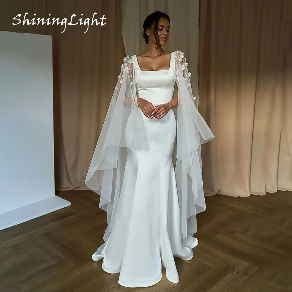 

ShiningLight Elegant Fitted Satin Wedding Dress with Cap Sleeves Square Neck Simple Mermaid Bridal Dress Floor Length Customized