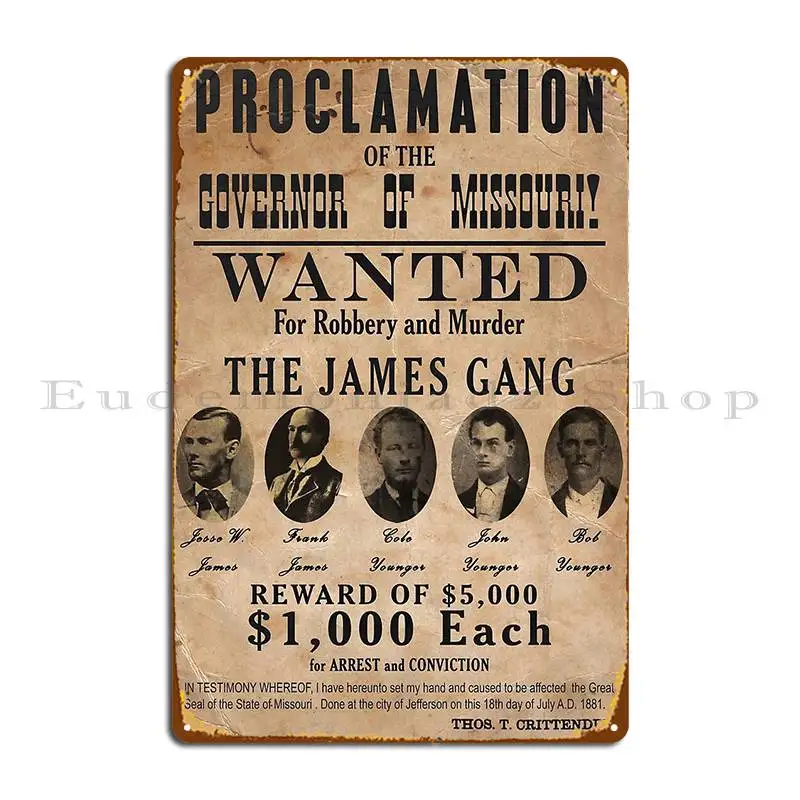 James Gang Wanted póster de placa de Metal, decoración de pared de cueva de Bar, Impresión de fiesta, cartel de estaño de garaje