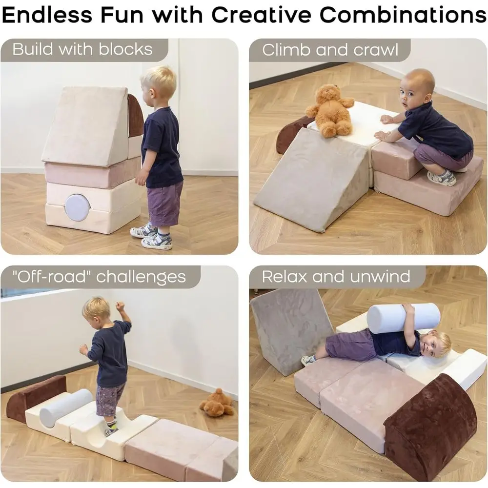 ชุดบล็อกโฟมปีนป่ายสำหรับเด็กเล็ก 5 ชิ้น พร้อมทรงกระบอก ยิมเล่นในร่มแบบพับได้สำหรับการคลานและการเล่นแบบแอคทีฟ (สีน้ำเงิน, สีเทา)