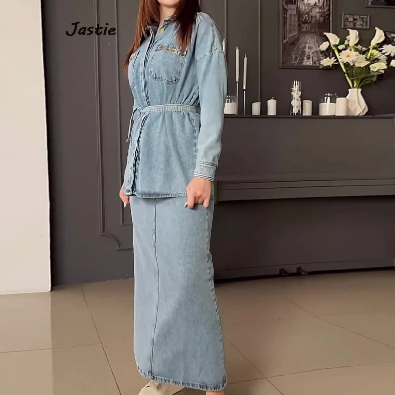 Spring Water Wash Denim Belt Shirts And Long Skirts Sets Casual Retro Dress Of Sets 2024 New Button Blouse Fall Women Outfits