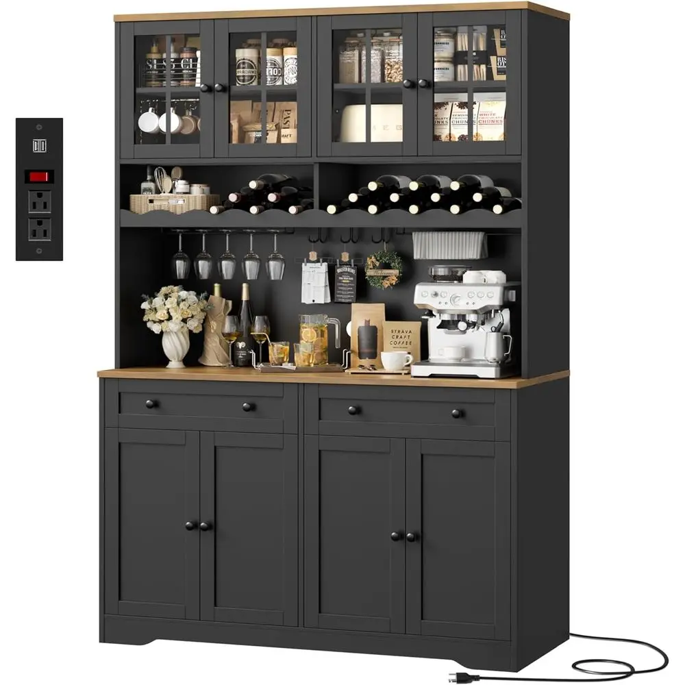 

Высокий белый кухонный шкаф-кладовка с зарядной станцией, подставкой для микроволновки и винной полкой