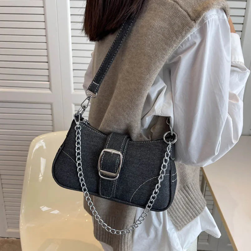 Denim Blue Female Retro Large Capacity Lock Catch Shoulder Crossbody Bags Hobos Handbag Dumpling Women Jean Purse