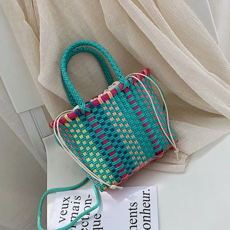 Handmade Women\'s Shoulder Bag Plastic Woven Small Handbag Rattan Straw Beach Bags Female Messenger Crossbody Bag Travel Tote