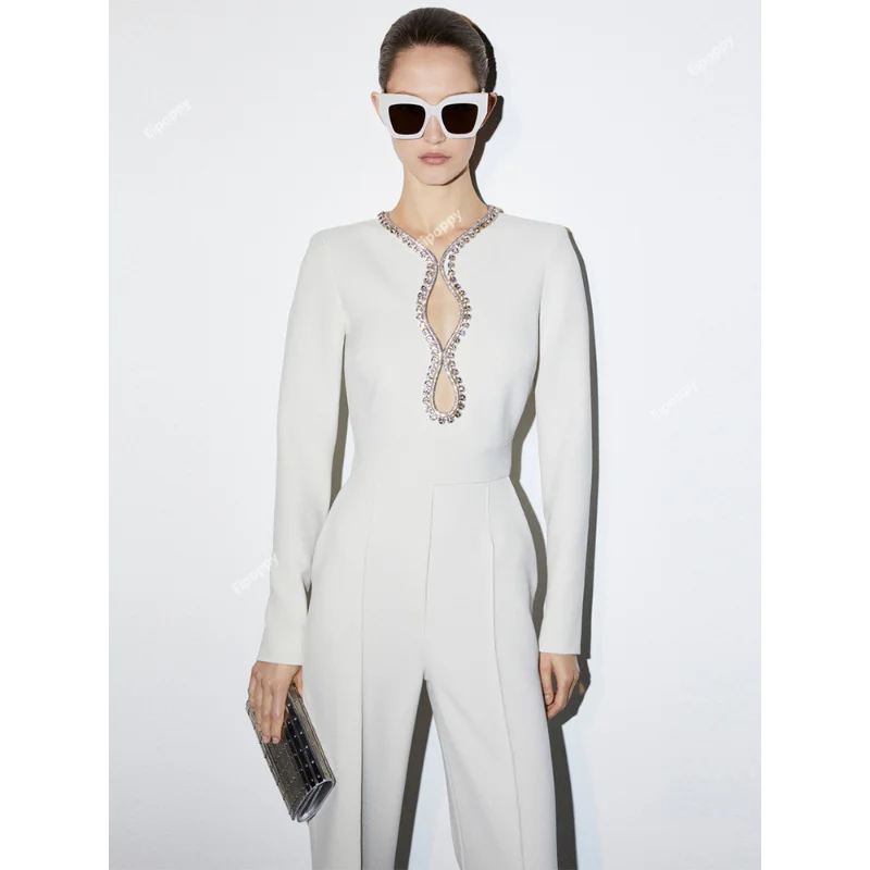 2024 Nieuwe Designer Witte Jumpsuit Mode Hartvormige Holle Ingelegde Diamant Kralen Lange Mouw Elegantie Flare Broek Jumpsuit