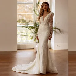Backless Women Wedding Dresses Sexy Deep V-Neck Sweep Train Bride Marriage Gown Lace Applique Mermaid  Robe De Mariee Customize