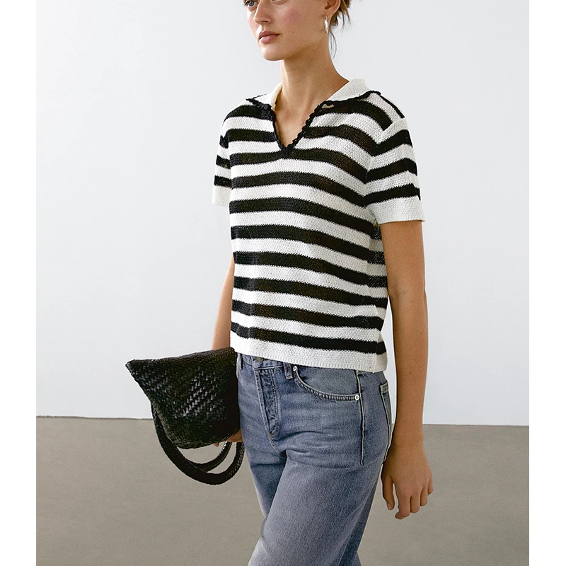 

MD Summer New Women's Casual Sle Chic Stripe Lightweight Knitted ort Sve irt Slim Fit Classic Pattern American ...