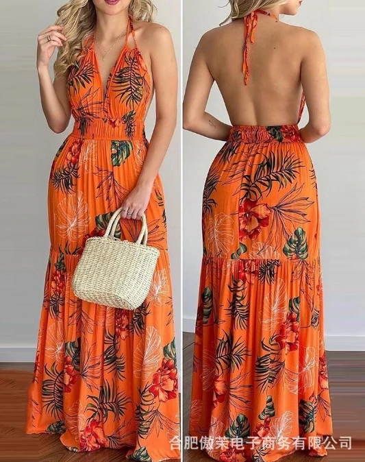 

Women's Dress Elegant 2024 Summer Fashion Tropical Print Sexy Halter Tie Details Strap Backless High Waist Pleated Maxi Dress