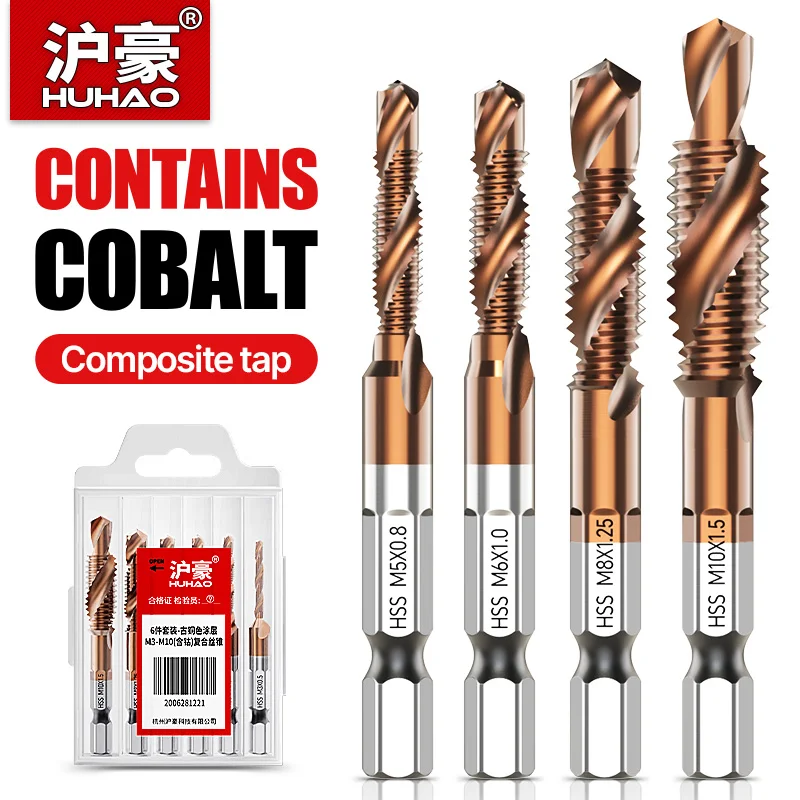 

‌HUHAO 6 PCS Composite Tap Drill Bits Set Hex Shank for Drilling Tapping Holes in Copper Aluminum Stainless Steel Plastic Wood