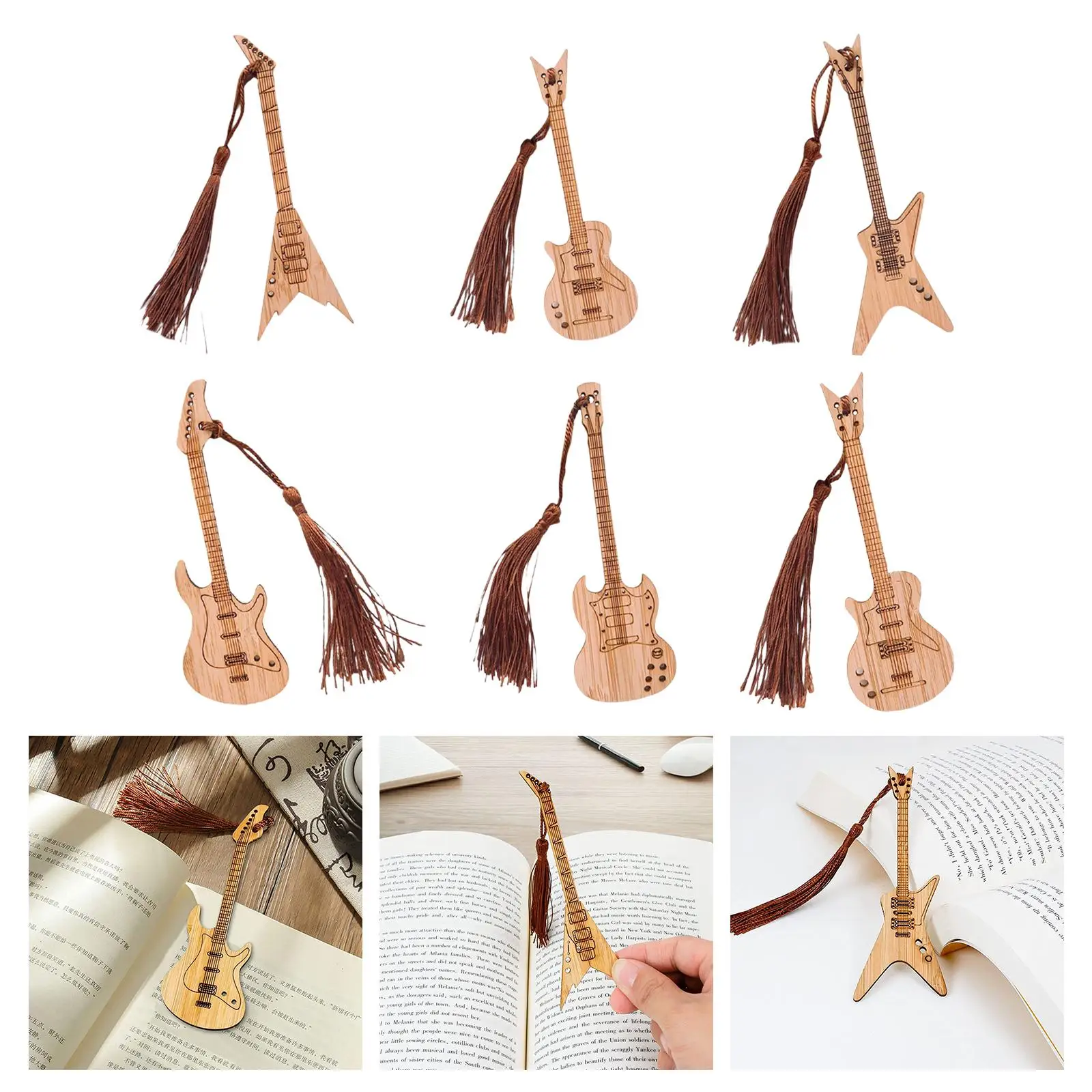 6 Pieces Guitar Bass Bookmarks with Tassels, Wood Bookmark Page Holder for Book Lovers Birthday Gift