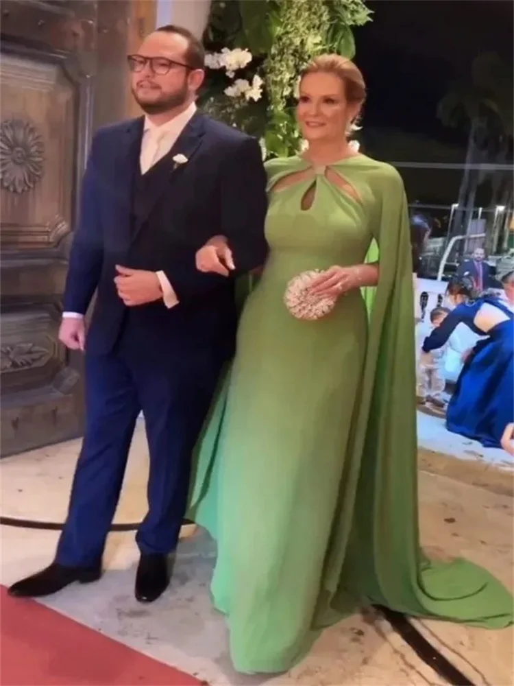 Modern Green Chiffon Mother Of The Bride Dresses With Long Cape Train Plus Size Women Evening Party Gowns Wedding Guest  Dress