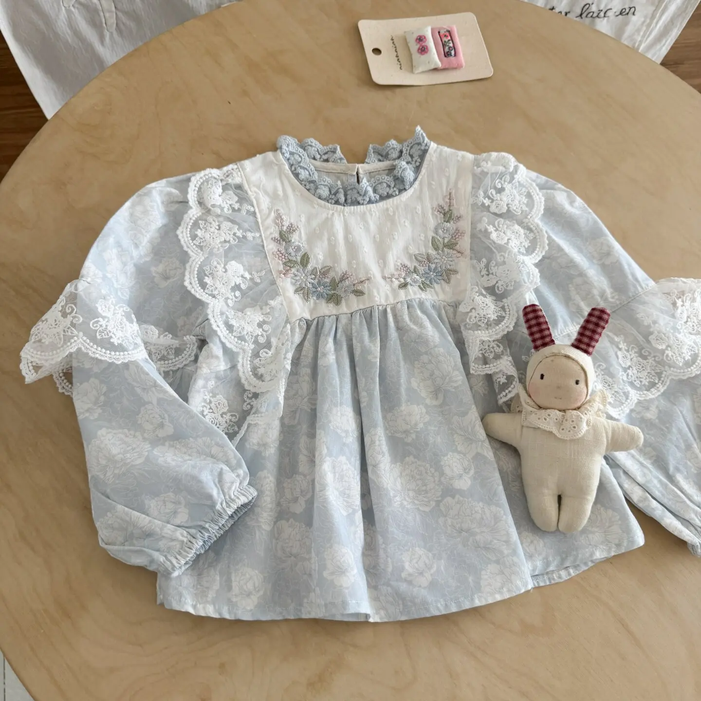 Childrens Wear Girls Lace Trim Doll Blouse Fall Kids Heavy Embroidery Puff Sleeve Forest Style Top Trendy