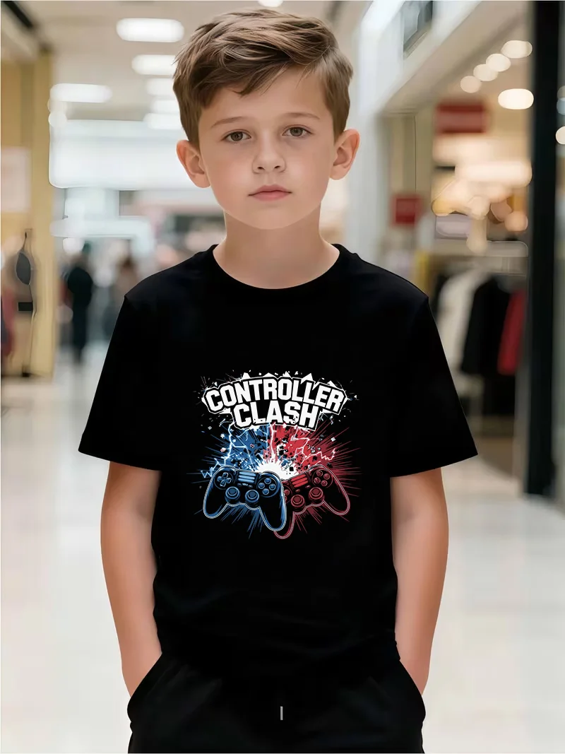 Camiseta Infantil Estampada com Controle de Jogo, Manga Curta, Casual para Meninos, Top Multifuncional # Essencial para a Escola