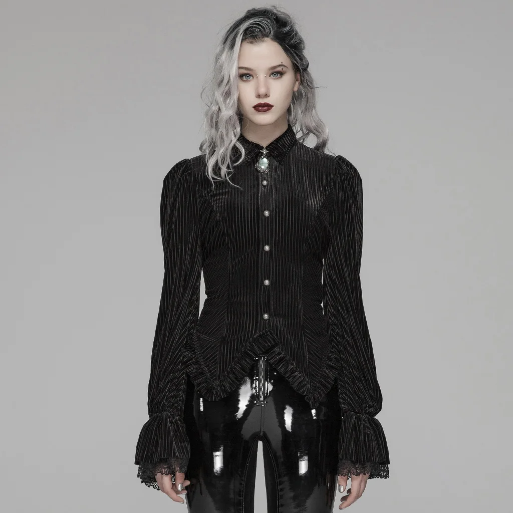 PUNK RAVE Women's Gothic Dark-Grain Velvet Shirt Striped Puff Sleeves Vintage Velet Blouse Fashion Women Evening Party Shirt