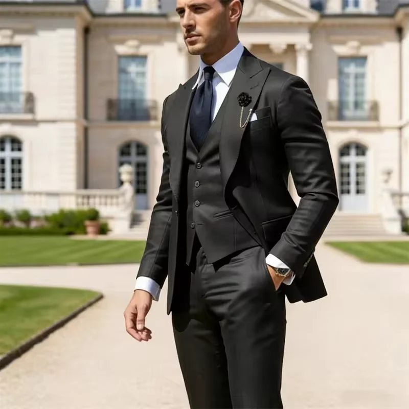 Italian Business 3 Piece Men's Costume Slim Fit Solid Color Tuxedo Suits for Groom Prom Groomsmen Wedding with Blazer Vest Pants