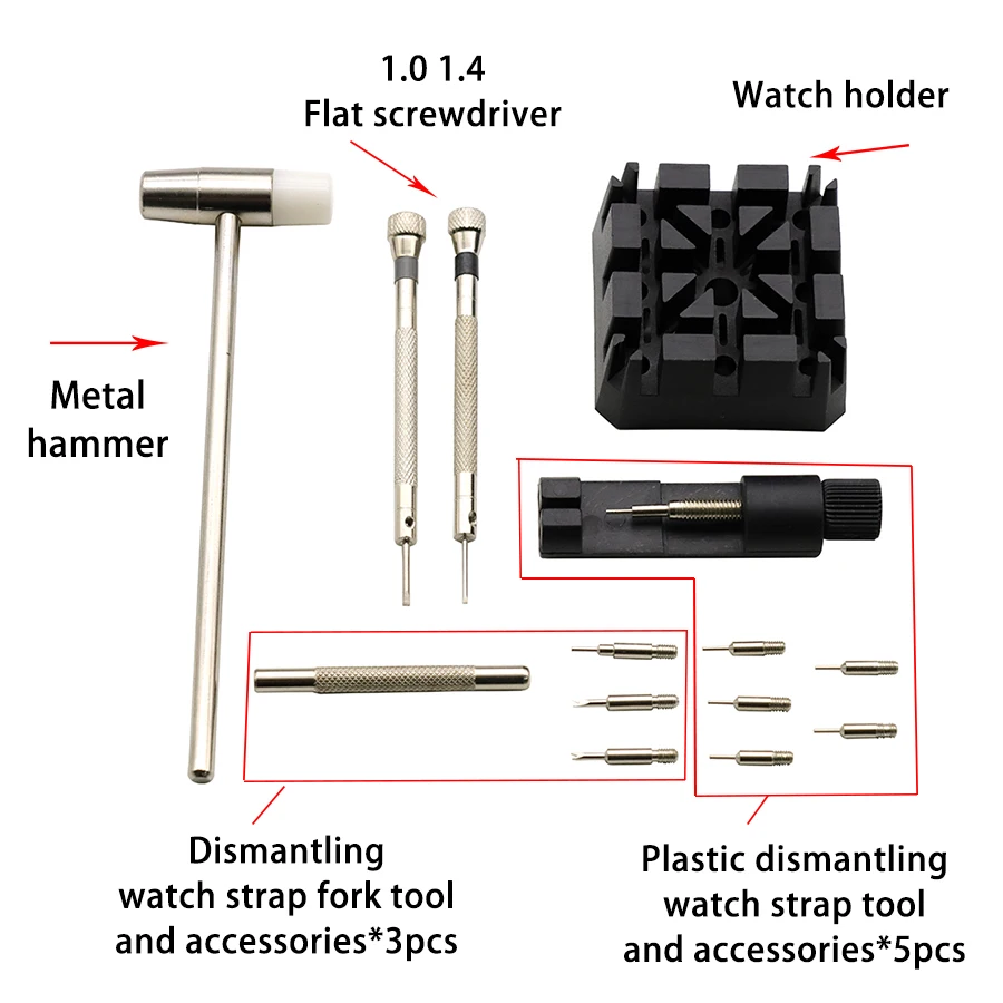 أداة إصلاح الساعة، مجموعة أدوات تفكيك الحزام 14 في 1، أداة ضبط الساعة، تعديل سلسلة الساعة الفولاذية لتغيير الطول