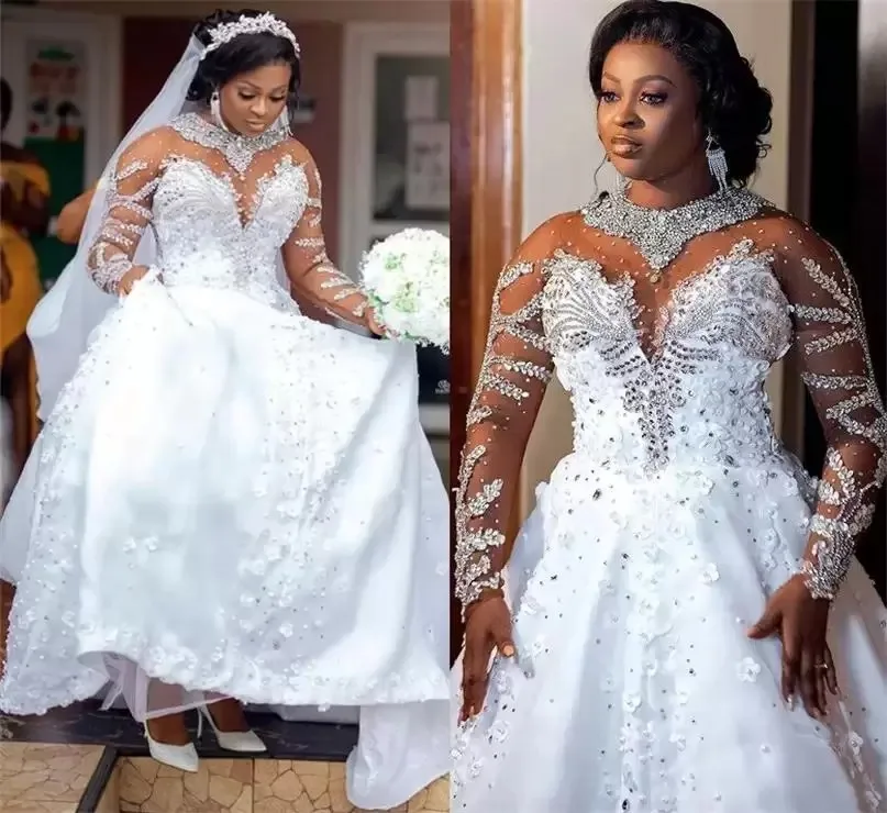 African Lace Sequin Rhinestones Decorated Long Sleeve Handmade Wedding Dress Bride Ball Gown