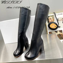 Black Leather 6Cm Tabi Booties Women Heels Side Zipper Brown Stretch Boots 5Cm Round Heel Casual Shoes Spring Elegant British