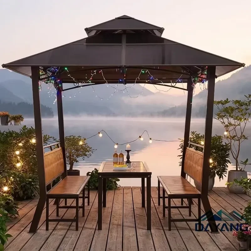 Hexagonal Aluminum Gazebo With Integrated Bench Double Roof Awning For Outdoor Garden Backyard Patio Shade Shelter Structure