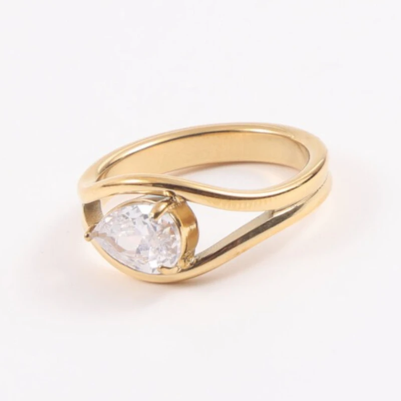 Waterdrop Shaped Clear Zircon Ring for Women Stainless Steel Ring PVD Gold Plated Jewelry