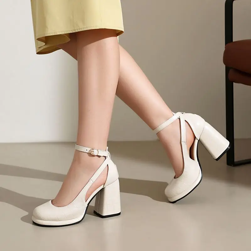 REAVE CAT Fashion Women Pumps 32 33 Round Toe Block Heels 9cm Platform Ankle Buckle Strap Big Size 42 43 Sexy Dating Shoes