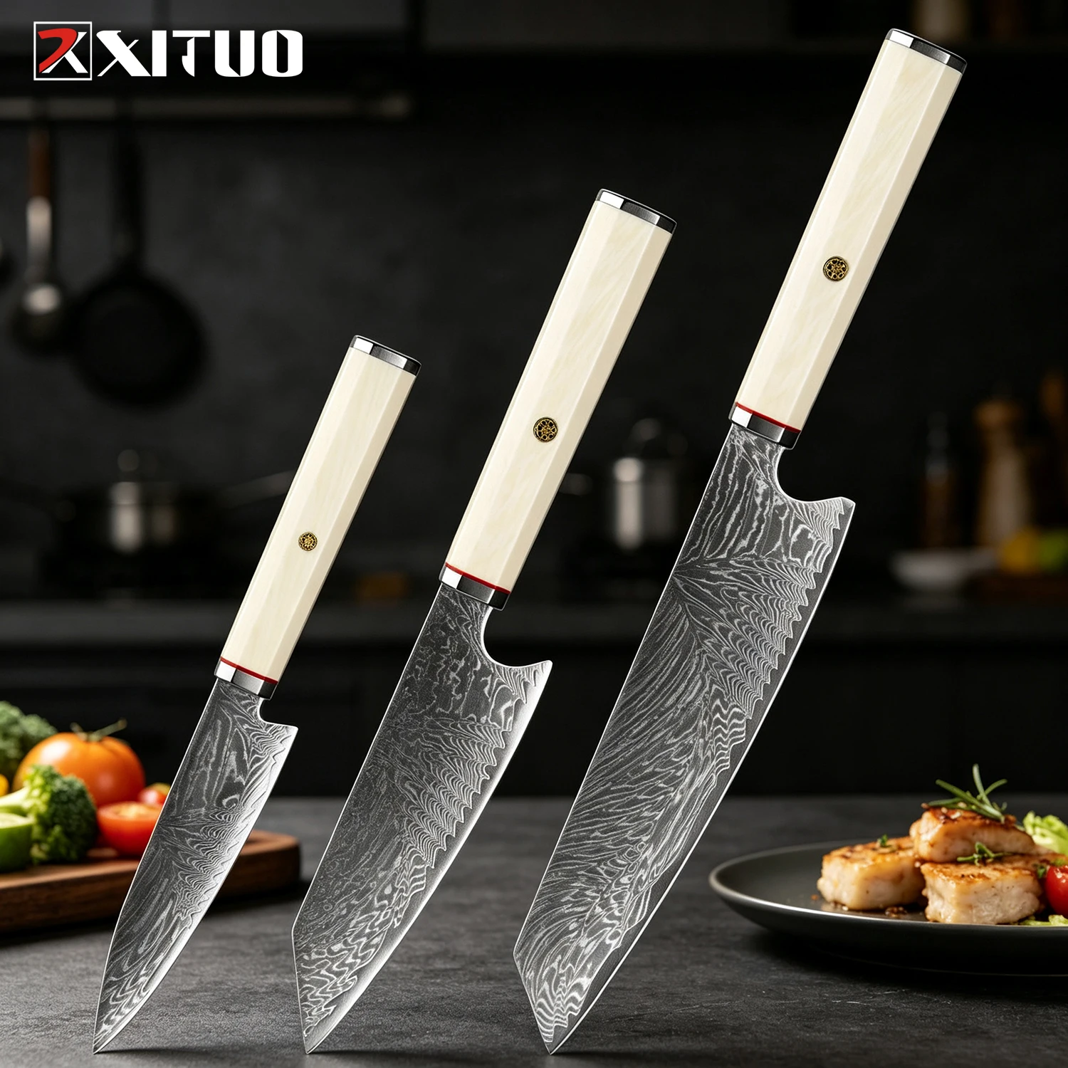 XITUO Kitchen Knives 1-3PCS, Kiritsuke  Paring Knife, Damascus Steel Sharp Cooking Knives, with Imitation Ivory Octagonal Handle