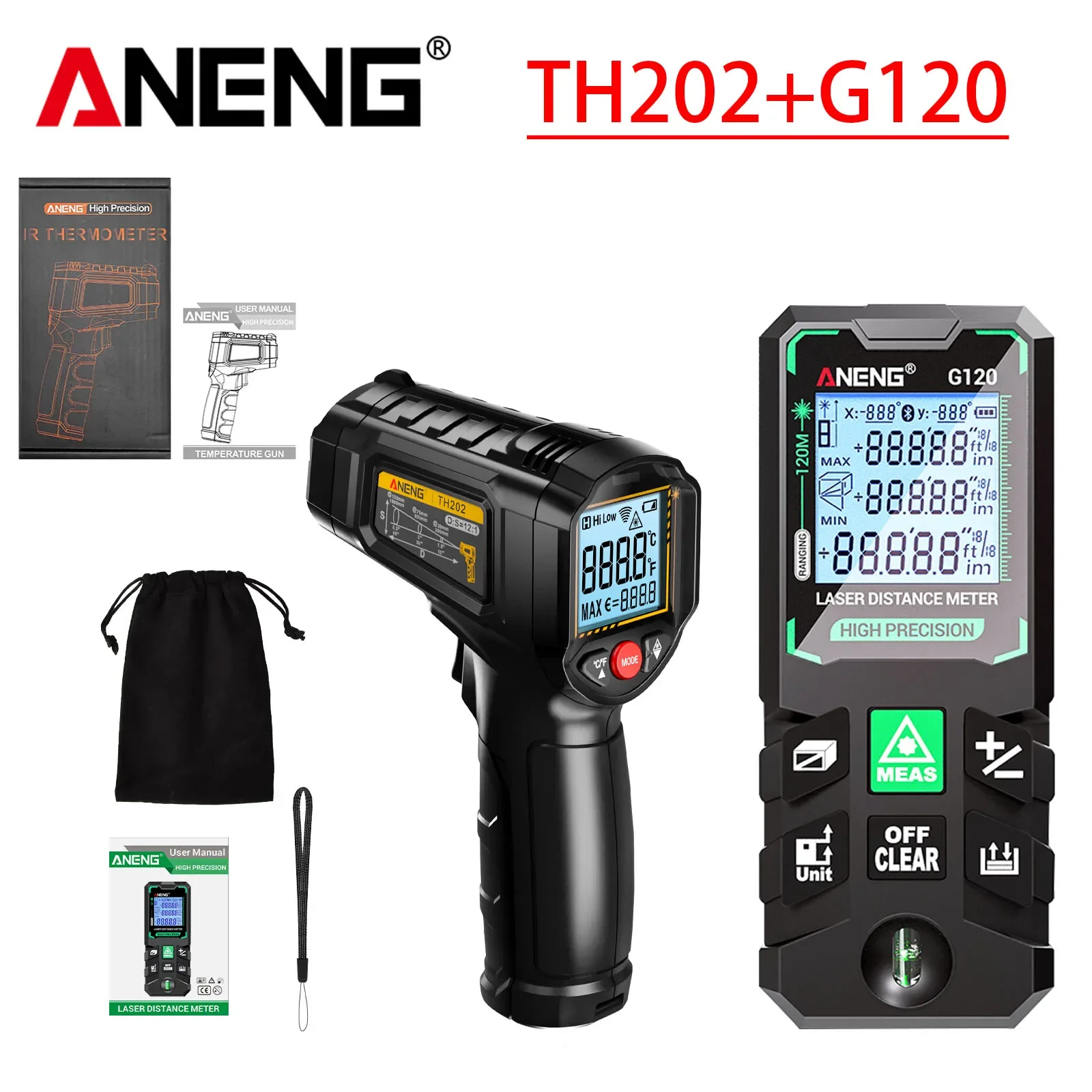 ANENG TH202 Thermometer Paired with G120 Laser Rangefinder ℃℉ Dual Display 30 Sets of Data Storage Construction Measurement Set