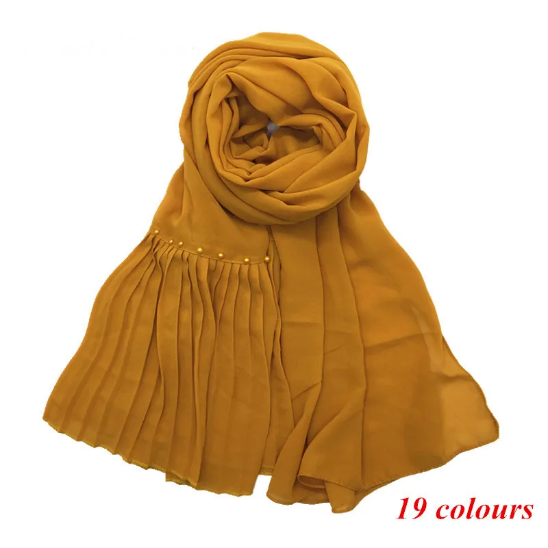 Fashion Tassel Solid Color Lace Pleated Nail Color Pearl Crumpled Chiffon Scarf in Stock