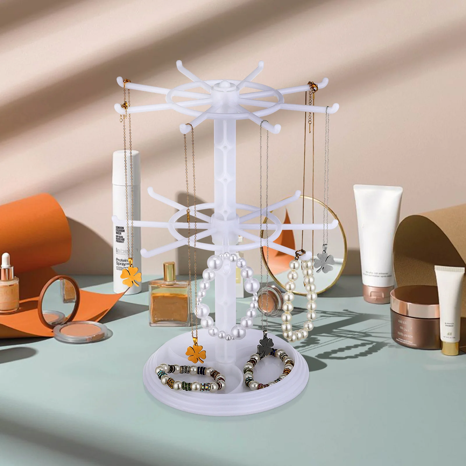 

2-уровневая вращающаяся подставка для ювелирных изделий, белый пластиковый органайзер, ожерелье, держатель башни, браслет, стойка для сережек для розничной комнаты