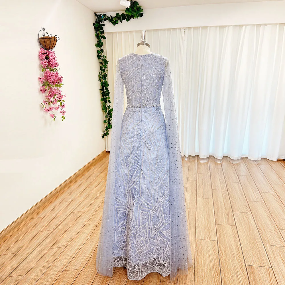 Luxury Dubai Sky Blue Arabic Lace Evening Prom Dress with Cape Sleeves 2024 Aline Formal Wedding Party Gown for Women Customized