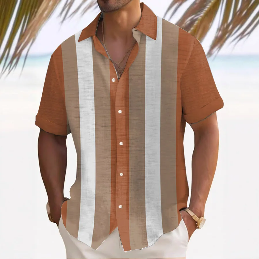 الرجال الرجعية بسيطة مخطط المتناقضة اللون ثلاثية الأبعاد قميص مطبوع قصيرة الأكمام التلبيب الأساسية هاواي شاطئ عطلة قميص حفلة #2