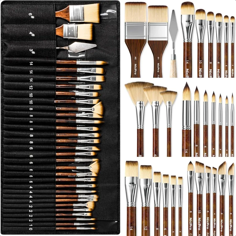 

Nicpro 30pcs Paint Brush Set Profional Paintbrushes with Paint Spatula and Cloth Roll Craft Paint Brushes for Acrylic Painting