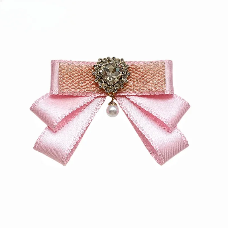 Spille con fiocco in tessuto coreano per le donne spille con colletto di perle di cristallo solido di pizzo rosa accessori per Badge di gioielli di