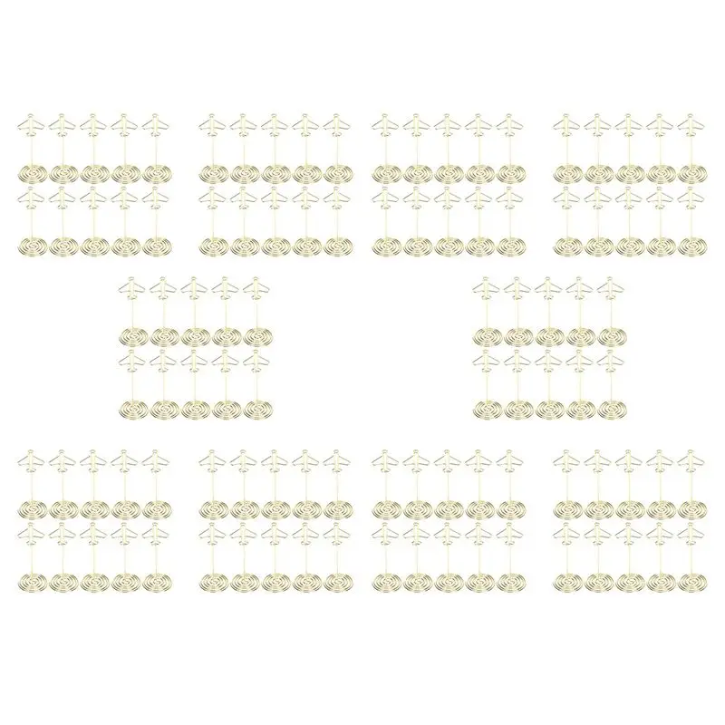 A46M-100Pcs حامل قصاصة مذكرة، رقم الجدول حامل بطاقة الاسم سطح المكتب بطاقة الأعمال المعدنية صور إطار الطائرة الذهبية مع قاعدة #1