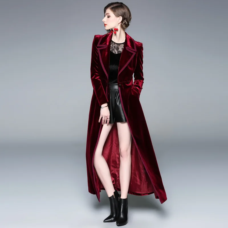 

#2311 Black Blue Red Velvet Trench Coat For Women X-Long Trenchcoat Ladies Slim High Waisted Single Buttons Windbreaker Autumn