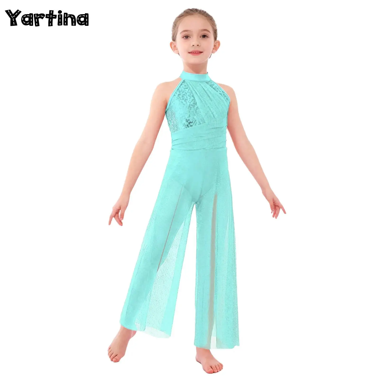 Combinaison de danse lyrique pour enfants filles, Costume de danse lyrique, corsage à paillettes brillantes, maille scintillante, jambes larges fendues