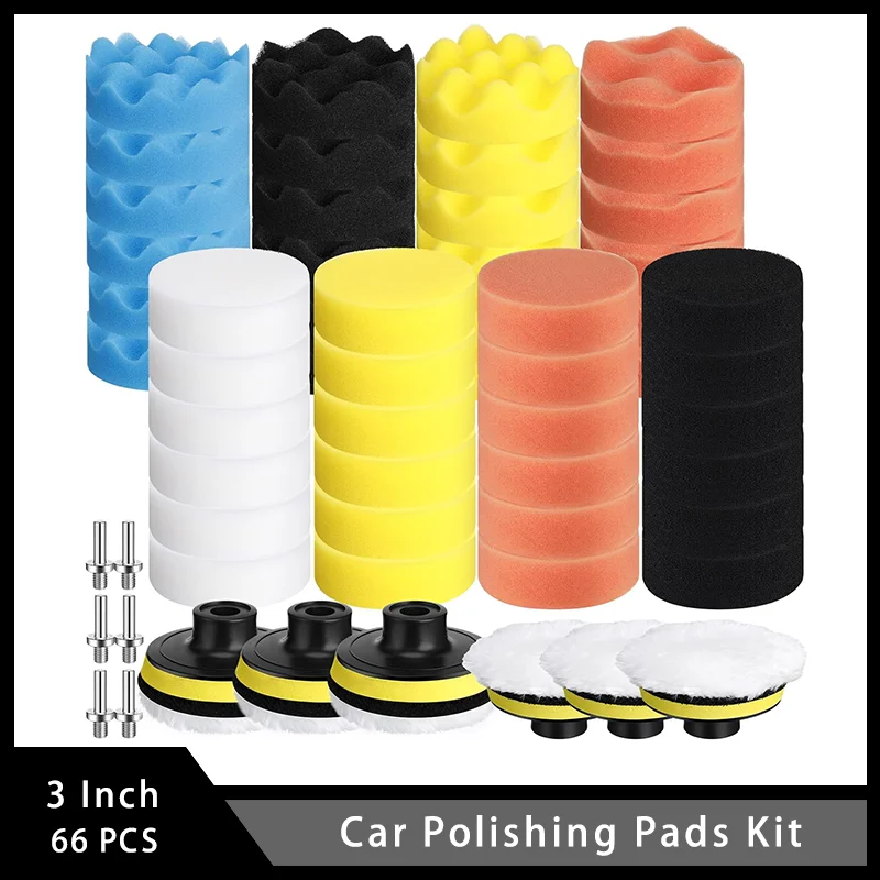 

3 Inch Car Polishing Pads Kit 66 Pcs with Sponge Pads Woolen Buffer Pads Drill Adapters for Cleaning and improving Lightness