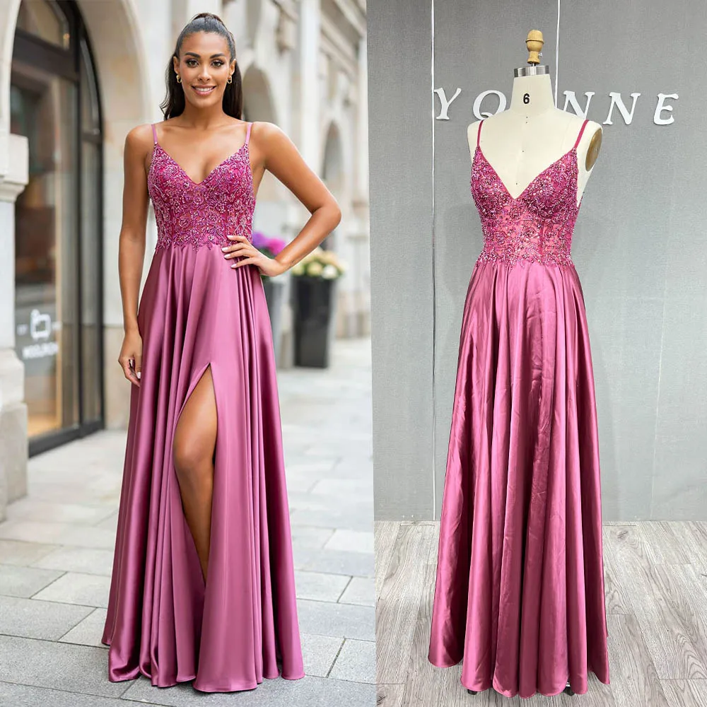 YQLNNE Sexy Deep V Neck Purple Crystals Prom Dresses Long Slit Beaded Silk Satin Evening Party Gown Elegant