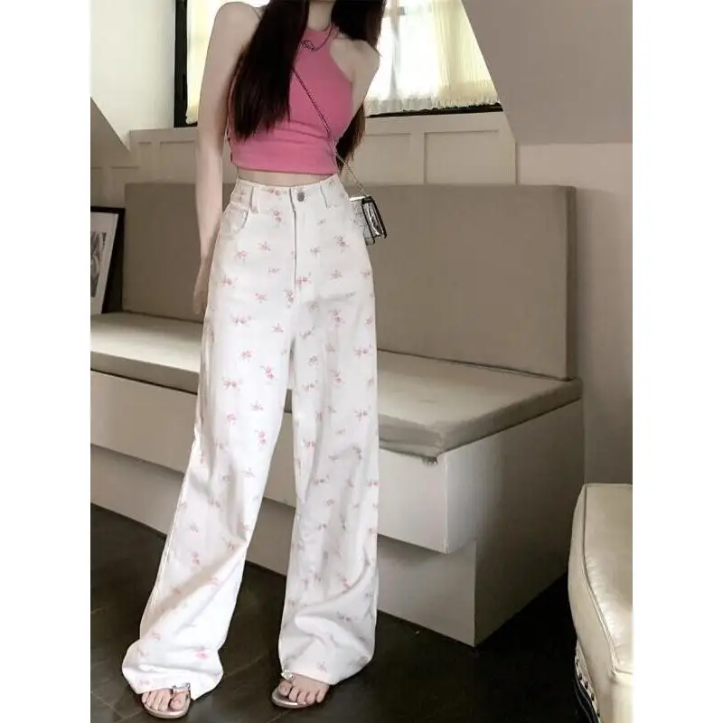 

New Gentle Floral Style Pants Striped Sweatpants Spring and Autumn Commuting Loose Slim Fit Straight Leg Pants for Casual Wear