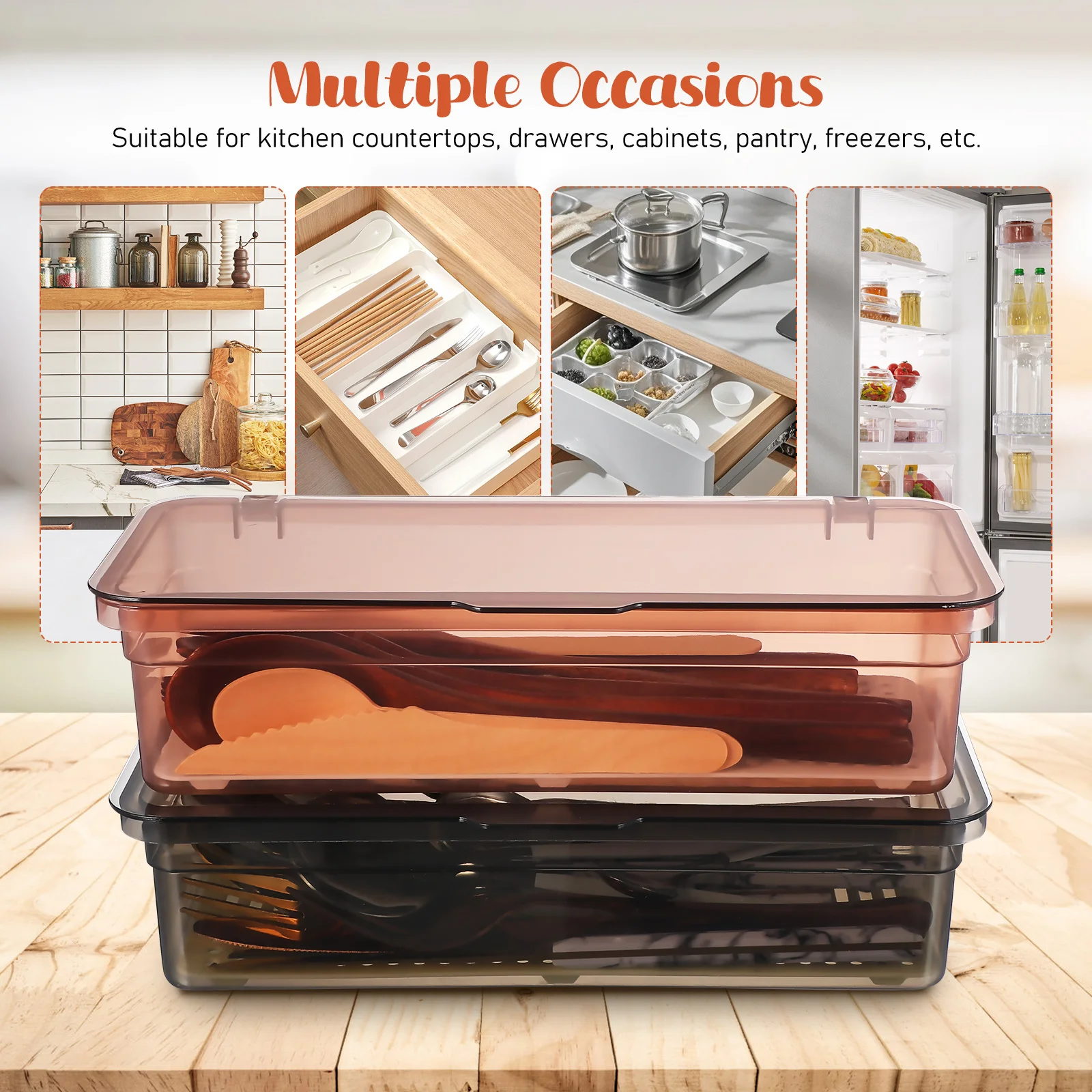 Bandeja de talheres drenável, 2 peças, plástico de qualidade alimentar, organizador de talheres, tampa, caixa de armazenamento de cozinha, recipiente de utensílio, gaveta de bancada