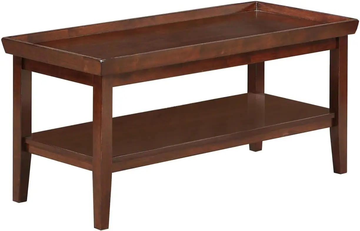 

Coffee Table with Shelf Solid Rubberwood Construction Raised Tray Like Edges Tapered Legs with Clean Lines