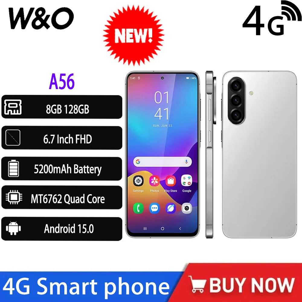 2025 NEW Global Version W&O A56 4G Smartphone Android 14 Dual SIM 6.7“ FHD+ 8GB+128GB Mobile Phone 5200mAh 26MP Camera Cellphone