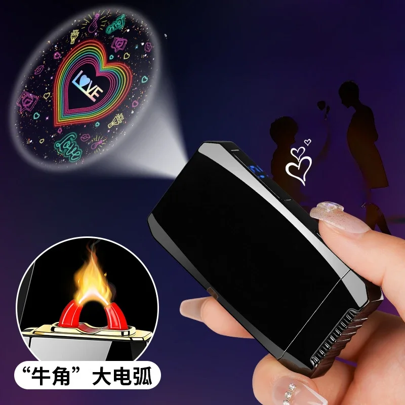 Metal Windproof High Power Arc USB Lighter Creative LOVE Projector Lamp Digital Power Display Cool Electric Lighter for Men