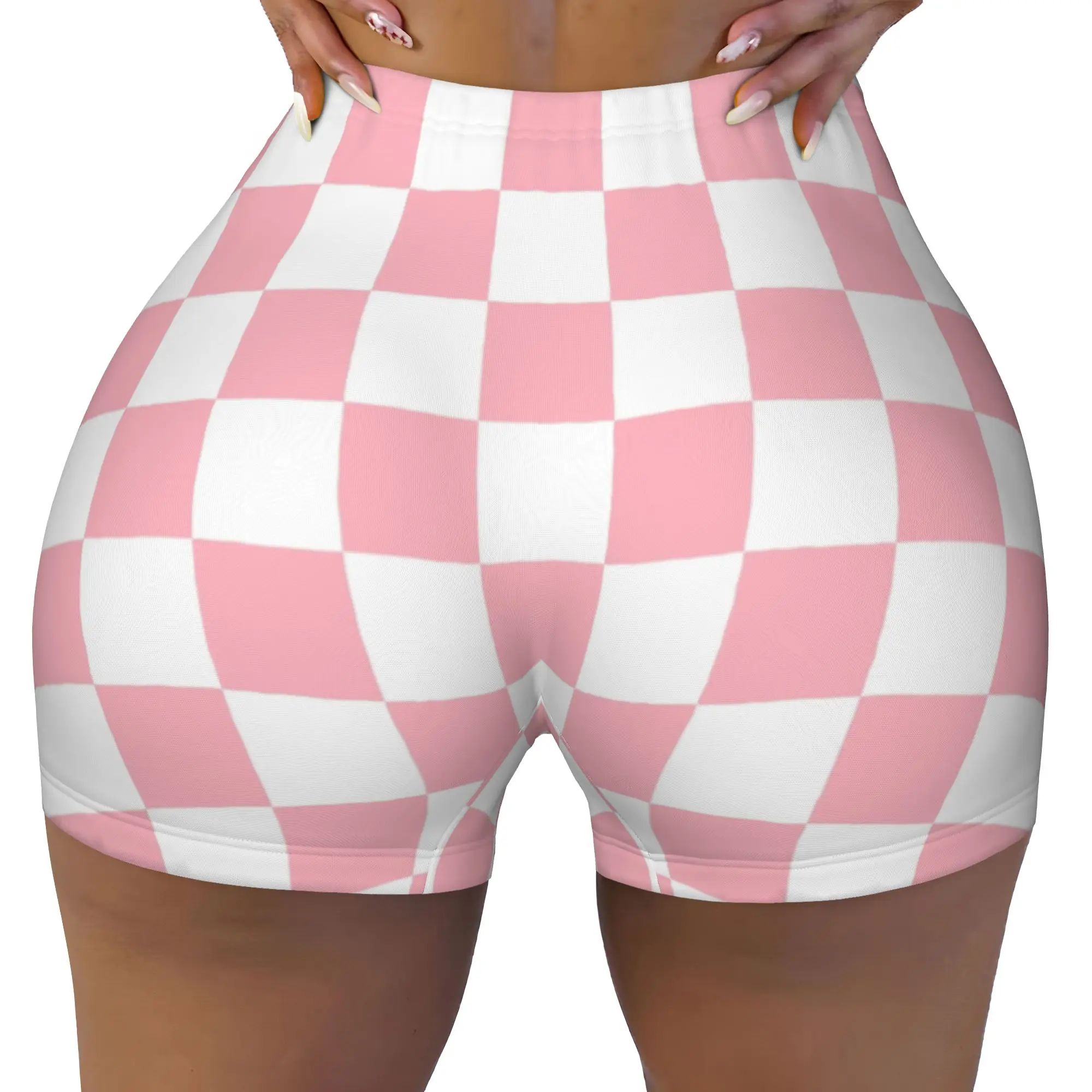 Custom Pink White Checkerboard Pattern Gym Running Volleyball Shorts Women's  Workout Yoga Shorts