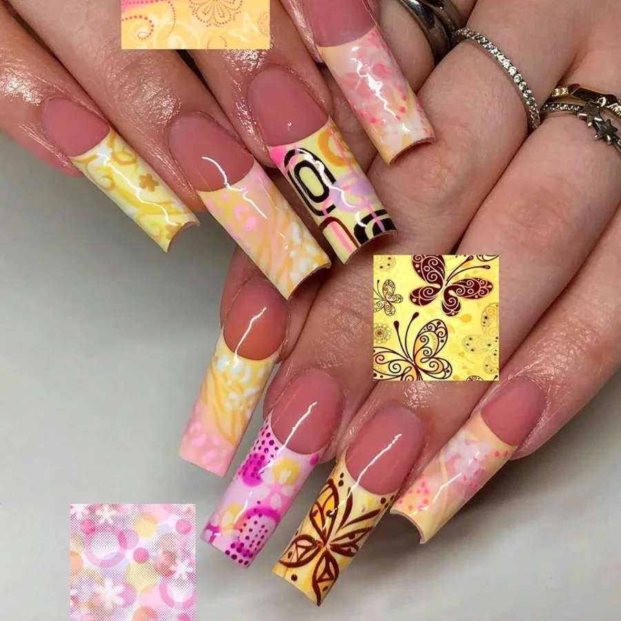 

24Pcs French Pink Floral Square Press On Nails, Elegant Reusable Fake Nails for Daily Wear