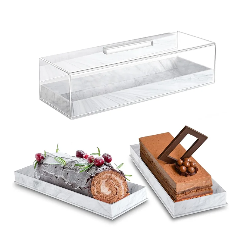 AB46-Acrylic Cake Holder Rectangular Serving Tray With Lid Marbleized Grain Cake Stand Rectangle Pastry Display - view 5