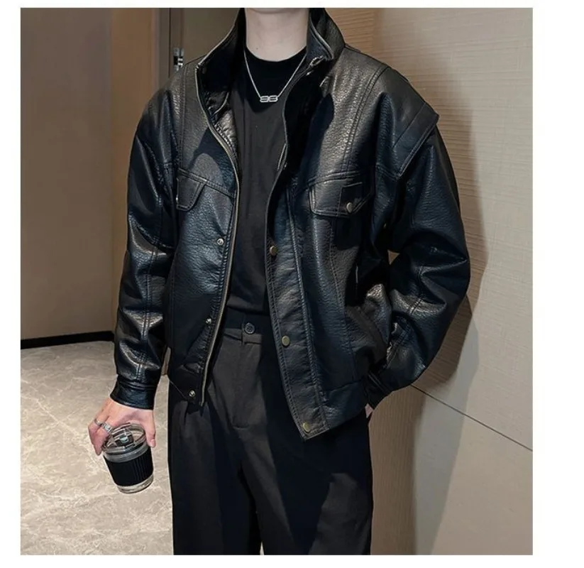 Vintage Men's Leather Jacket Pu Moto Biker Bomber Jacket Luxury Korean Style Loose Coat Fashion Racing Windbreaker Outwear