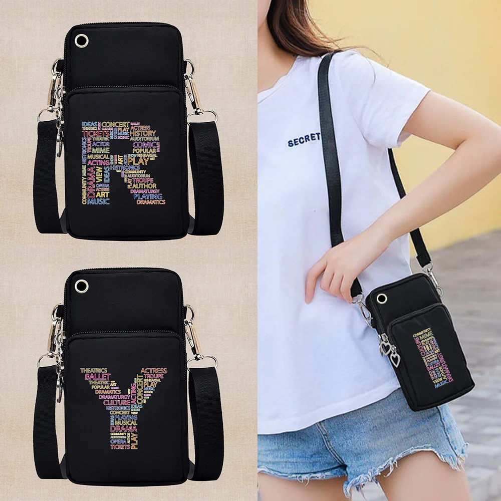 

New Mobile Phone Bag Slant Text Letter Pattern Mini Bag Multi-layer Zipper Purse Casual Outdoor Travel Adjustable Shoulder Bags